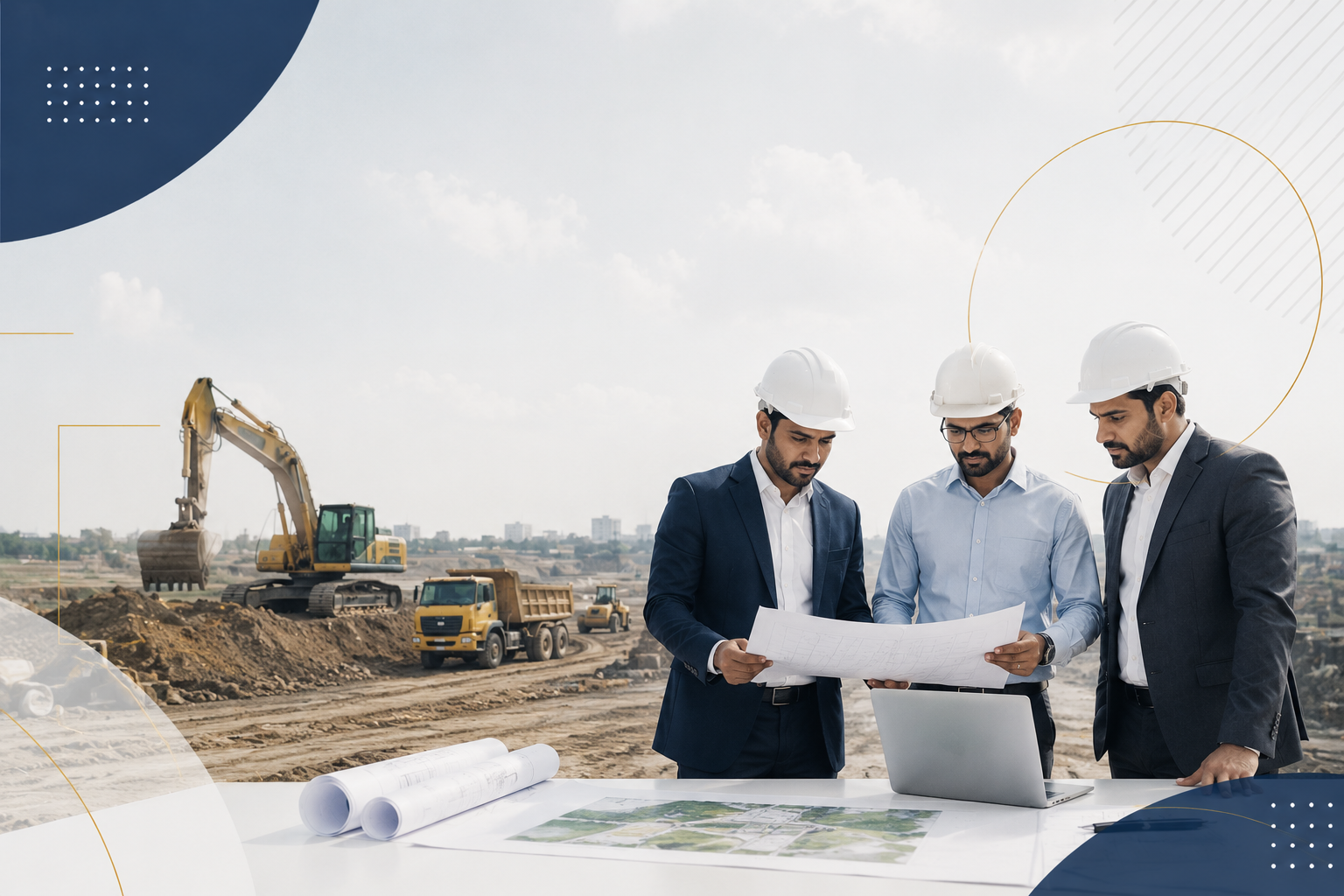 Project team reviewing plans on site
